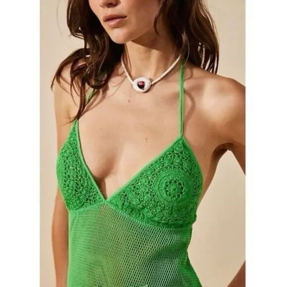 NWOT Free People Beach Madagascar Faux Crochet Coverup in Green Large - Picture 2 of 10